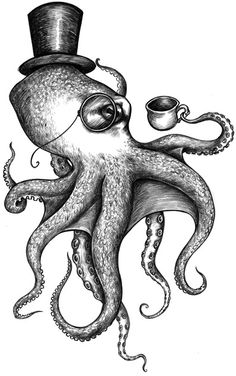 an octopus with a top hat and eye glasses holding a coffee cup in its mouth