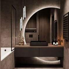 a bathroom with a sink, mirror and bathtub in it's center area