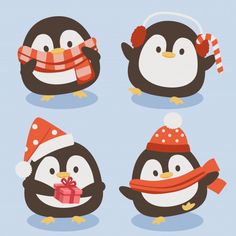 four penguins wearing hats and scarfs with gifts