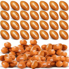 a pile of orange footballs with white stitching on them and the number one