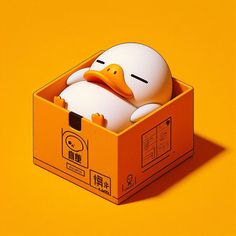 an orange box with a white duck in it's head inside on a yellow background