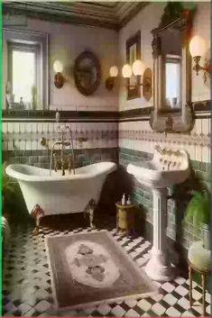 an old fashioned bathroom with a claw foot tub and pedestal sink in the center, surrounded by checkered tile flooring