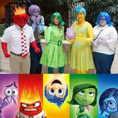 there are many people dressed up in different costumes and colors, including the characters from inside out