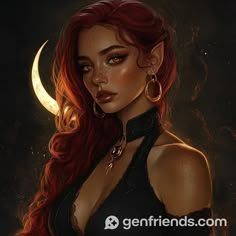 a woman with red hair wearing a choker and hoop earrings in front of a crescent moon