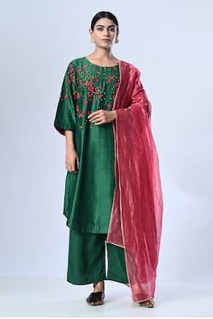 Green kurta with dori floral hand embroidery. Paired with a palazzo and contrast dupatta. - Aza Fashions Embroidered Silk Palazzo Set For Festive Season, Bollywood Style Traditional Wear With Silk Thread, Bollywood Traditional Wear Made Of Silk Thread, Festive Silk Palazzo Set With Floral Embroidery, Festive Traditional Wear In Silk Thread, Festive Embroidered Tissue Silk Palazzo Set, Festive Embroidered Cotton Silk Palazzo Set, Festive Silk Thread Sets For Reception, Festive Art Silk Sharara With Floral Embroidery