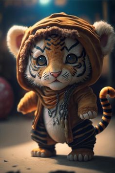 a small stuffed tiger wearing a hoodie and holding a chain around its neck, standing on one leg