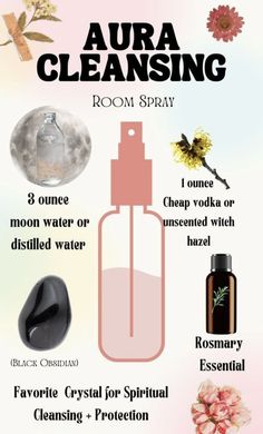 Smokeless Smudge Spray Diy, Diy Aura Cleansing Spray, Spiritual Sprays Diy, Cleansing Spray Witchcraft Diy, Witch Room Spray, Witch Cleansing Spray, Spray Spells, Aura Spray Recipe, Diy Energy Clearing Spray