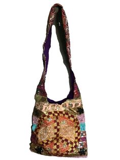 Patchwork tote bag covered in embroidery, sequins, and metallic thread and featuring a peace sign. 13x13x3 inches. 20 inch strap drop. Zipper top, Inside zipper pocket.  Each bag is unique, please see photo. Handmade in India. The weaving irregularities and shade variations are characteristic of the fabric and in no way to be taken as defects. Hippie Tote Bag, Hippie Accessories, Patchwork Tote Bags, Boho Patchwork, Boho Tote, Earthy Outfits, Tapestry Bag, Small Town Girl, Patchwork Bags