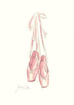 a drawing of pink ballet shoes hanging from a string