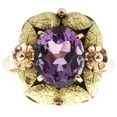 Vintage Victorian Amethyst 18k rose and green gold flower textured Ring. Circa 1890 – 1900. 1 oval natural Amethyst, approx. total weight 3.20cts, 11 x 9mm Size 8.25 and sizeable 18k rose and green gold Stamped: 18k 7.7 grams Width at top: 18mm Height at top: 10mm Width at bottom: 10mm Flower Gold Ring, Pink Gold Rings, Art Deco Jewelry Vintage, Rose Gold Texture, Antique Wedding Bands, Filigree Ring Gold, Diamond Sapphire Engagement Ring, Antique Engagement Rings Vintage, Antique Bracelets