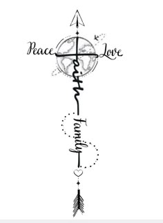 a cross with the words peace and love written on it, in black ink against a white background