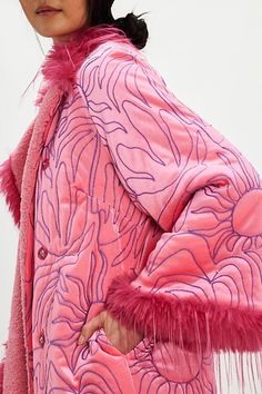 Zahrada Coat | Free People Embroidered Sun, Pink Fur Coat, Penny Lane Coat, Blanket Coat, Old Fashion Dresses, Pink Fur, Trim Fit, Pink Fits, Faux Fur Jacket