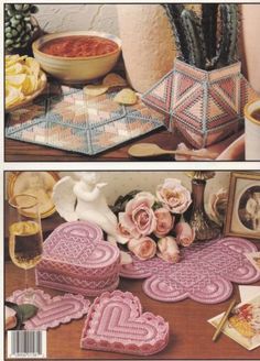 crochet heart coasters and potholders are featured in the knitting pattern book