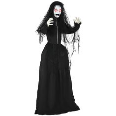 a woman in a black dress with red eyes and long hair is dressed up as a skeleton