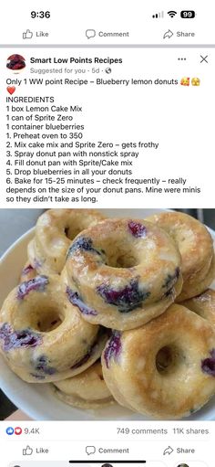 a white plate topped with blueberry donuts on top of a table next to an instagram post