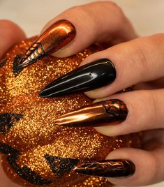 Halloween Press on Nails, Spiderweb, Chrome Press on Nails, Fake Nails - Etsy Halloween Foil Nails, Copper Nails Designs, Lotus Nails, Halloween Press On Nails, Gel Nail Tips, Black Nail, Halloween Nail Designs, Halloween Nail Art, Fall Nail Designs