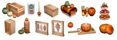 a variety of wooden objects are shown in this image, including pumpkins and squash