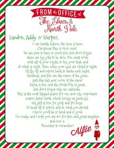 an elf's letter to santa from the office on christmas day, with red and green stripes