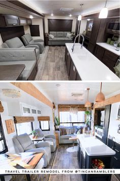 the interior and exterior of a travel trailer with kitchen, living room and dining area