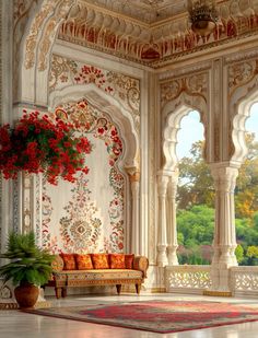 the interior of an ornately decorated room with red flowers in vases and potted plants