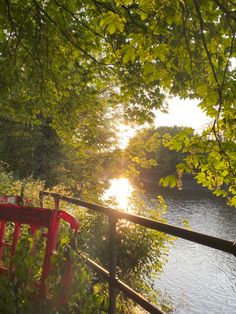 the sun shines brightly through the trees over the water