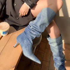 Kylee Denim Slouchy Boots - 2 Styles Slouchy Denim Boots, Blue Jean Boots, Denim Boots Outfit, Denim Knee High Boots, Jean Boots, Denim And Boots, Blue High Heel Shoes, Beef Tendon, Moon Fashion