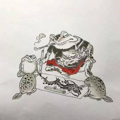 a drawing of a frog sitting on top of a chair with two mice around it