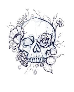 a drawing of a skull with flowers on it