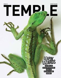 a green lizard sitting on top of a magazine cover with the word temple written below it