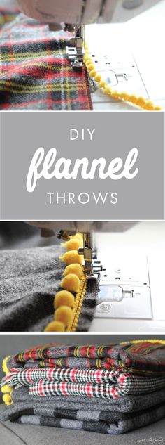 a sewing machine with the words diy flannel throws on it and an image of