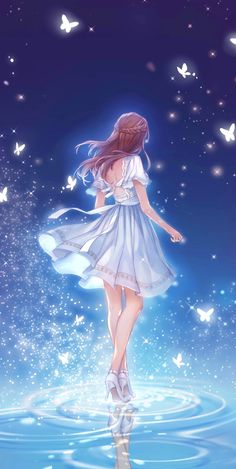 a girl in a white dress is standing in the water with butterflies flying around her