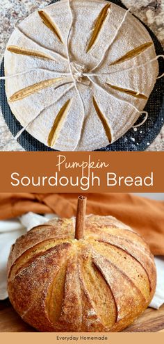 pumpkin sourdough bread on a cutting board with the words, pumpkin sourdough bread