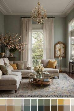 a living room filled with furniture and lots of color swatches in shades of brown, beige