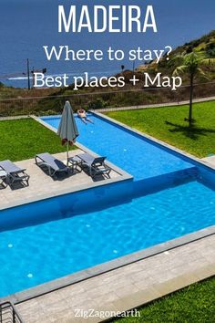 a swimming pool with lounge chairs and an umbrella next to it that says, where to stay? best places + map