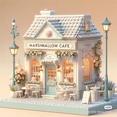 a miniature model of a restaurant with flowers on the roof and tables in front of it