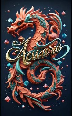 the word acuario is written in gold and blue with a dragon on it