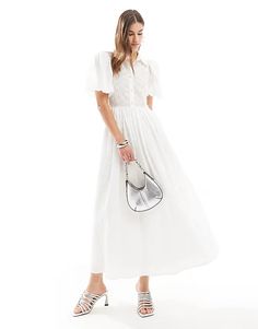 Sister Jane embroidered midi dress in white | ASOS Day Out Midi Dress With Broderie Anglaise, Feminine White Puff Sleeve Dress For Daywear, Broderie Anglaise Midi Dress For Daywear, Chic Broderie Anglaise Midi Dress For Daywear, Feminine Broderie Anglaise Midi Dress With Short Sleeves, Feminine Short Sleeve Midi Dress With Broderie Anglaise, Chic White Midi Dress With Broderie Anglaise, White Puff Sleeve Midi Dress For Spring, Elegant Short Sleeve Broderie Anglaise Midi Dress