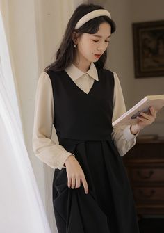 fake two-piece long slim dress – Belchic Two Peace Dress, Long Dress With Turtleneck Underneath, Long Black Party Dress, Long Slim Dress, Interview Clothes, Cache Dress, Teacher Teaching, Layered Dress, Korean Fashion Dress