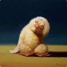 a painting of a chicken sitting on the ground with its eyes closed and it's head down