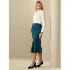 Keep your look professional and stylish in this fishtail skirt from Hobemty. Featuring a high waist, ruffle hem, stretchy fabric, belted, and midi length, this skirt is perfect for various occasions. Pair it with solid shirts and high heels for a chic office look. Focused on ladies' semi-formal wear, it can be a perfect addition to almost any outfit from formal to daily wear. Great for work, meetings, office, businesses, parties, cocktails, weddings, casual, daily dressing, and more. Work Meetings, Semi Formal Wear, Bodycon Pencil Skirt, Bodycon Midi Skirt, Knee Length Skirt Pencil, Fishtail Skirt, Chic Office, Denim Maxi Skirt, Mermaid Skirt