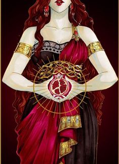 a painting of a woman with red hair and gold jewelry on her chest, holding a circle around her waist