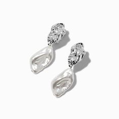 Claire's Silver-tone Pearl Smash Clip-On Drop Earrings Trendy Silver Pearl Drop Earrings, Crown Hair Clip, Sensitive Ears Earrings, Piercing Kit, Flower Crown Hairstyle, Word Bracelet, Jewelry Words, Fashionable Jewelry, Jewelry And Accessories