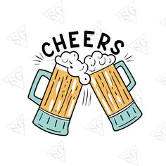 two beer mugs with cheers written on them