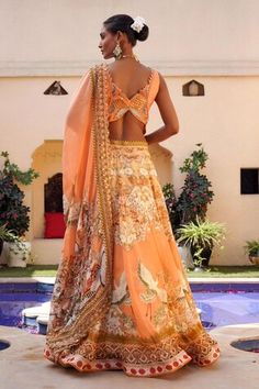 Orange lehenga featuring floral, bird and geometric combination mix printed motifs and cut-out waistband. Comes with sequin threadwork blouse and dupatta. - Aza Fashions Traditional Summer Lehenga With Printed Motifs, Traditional Printed Lehenga For Summer, Wedding Sets With Printed Motifs And V-neck, V-neck Wedding Sets With Printed Motifs, Wedding Sets With V-neck And Printed Motifs, Bohemian Orange Choli For Wedding, Threadwork Blouse, Orange Lehenga, Set Women