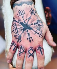 a person's hand with tattoos on it and arrows painted on the palm area