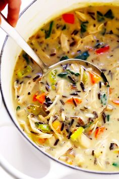 a person holding a spoon in a bowl filled with chicken and veggie soup