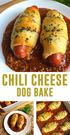 chili cheese dog bake on a plate with hot dogs