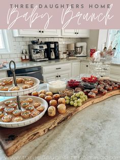 there are many different types of food on the counter in this kitchen with text overlay that reads three daughters home baby's beach