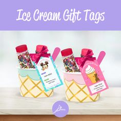 2 paper ice cream cups filled with containers of sprinkles and plastic spoons with pink bows and cute ice cream theme gift tags attached Fish Extender Gift Tags Free Printable, Fish Extender Ice Cream Kit, Diy Disney Fish Extender Gifts, Disney Cruise Pixie Dust, Fish Extender Gift Ideas, Sterling Virginia, Ice Cream Gift