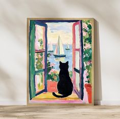 a painting of a cat sitting in front of an open window looking out at the water